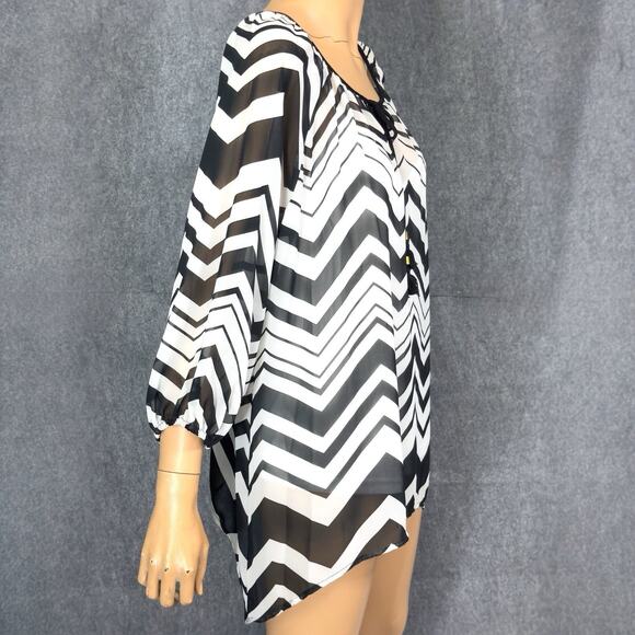 Sheer Chiffon Chevron Chic Tunic w/Tank L Asymmetric Hem Black/White Boho Flowy - Picture 6 of 15